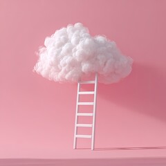 White ladder reaching up to a fluffy white cloud on a soft pink background