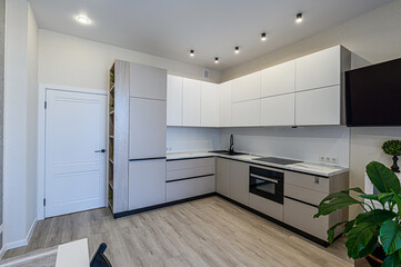 A modern kitchen with white and gray cabinets, marble countertops, and sleek appliances. The room is well-lit and includes a door and potted plants