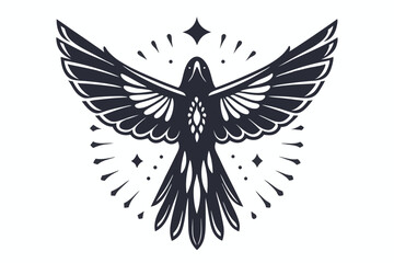 Stylized dark raven flies with spread wings over white background, exuding celestial vibes