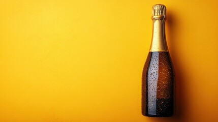 A bottle with gold foil and water droplets rests against a yellow surface