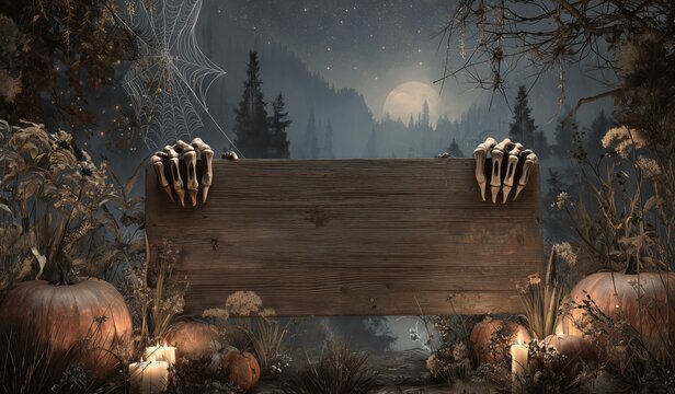 Haunted Forest Halloween Sign with Skeleton Claws, Pumpkins, and Moonlit Sky