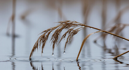 Obraz premium Raindrops on Reeds_Close-up macro of slender reeds with raindrops clinging and tiny ripples below. World Wetlands Day