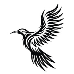 Ornate tribal bird soars with its stylized feathered wings on a clear background