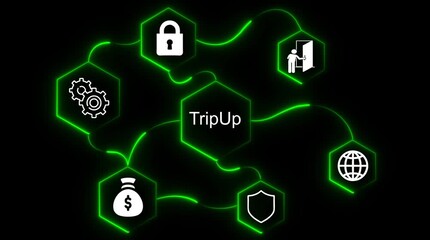 Digital network connection security finance growth innovation concept abstract technology background with glowing green lines and icons representing lock gears money shield globe and person - Powered by Adobe