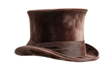 A velvety brown top hat, detailed texture against a black background. Well-lit, clean studio shot