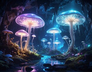 Glowing, vibrant mushrooms illuminate a cavern. Water reflects ambient light