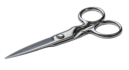 Close-up shot of shiny steel scissors, blades closed, against a stark black background