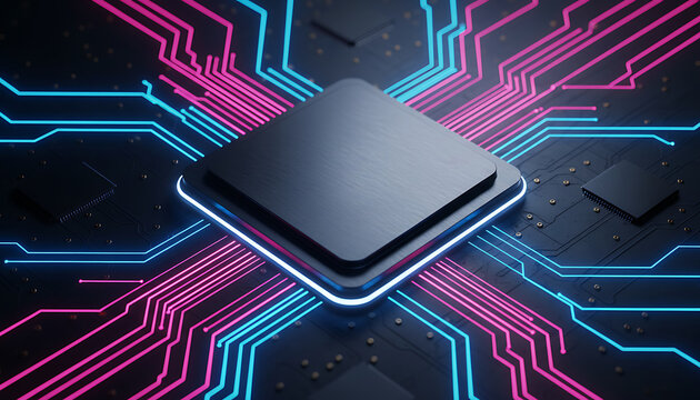 Futuristic microchip with neon circuitry and glowing core