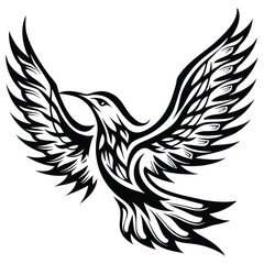 Fototapeta premium Ornate bird soars with detailed black and white feathers spread dynamically on its wings