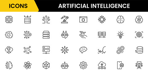 Artificial intelligence set of web icons in line style. AI technology icons for web and mobile apps. Machine learning, algorithm, smart robotics, cloud computing network Vector illustration