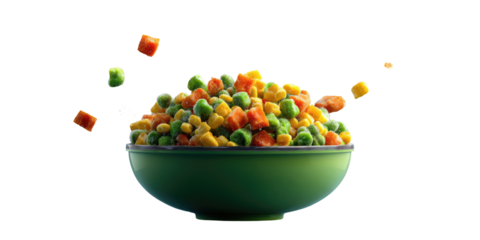 A vibrant green bowl overflowing with a colorful mix of vegetables. Some veggies appear to float