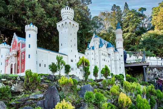 Miniaturized replicas of churches, castles, palaces, roads, vehicles, train stations, parking lots from places and cities around the world at Minimundo Park in Gramado. Gramado, RS, Brazil,  Jan 2022