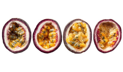 Four passion fruit halves, showing vibrant yellow pulp and seeds, set against a black background