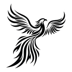 Stylized phoenix bird soars upwards with strong, intricate black lines and elegant feather details