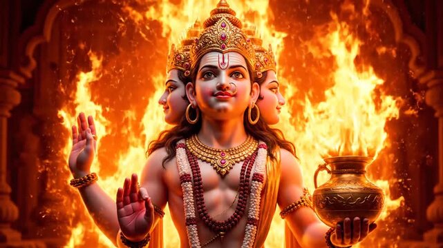 Divine Multi-Headed Deity in Fiery Aura. Hindu God with Sacred Pot Offering Blessings Amidst Intense Flames and Temple Archway. Spiritual Art.