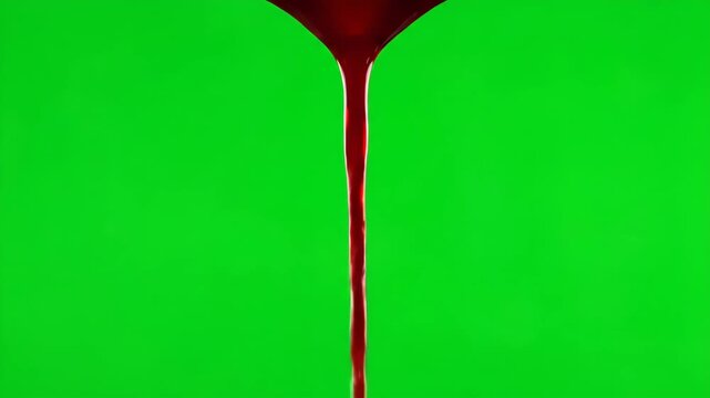 A stream of dark red liquid flows downward against a vibrant green background.