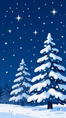 Obraz premium Snowy Pine Trees Under Starry Night