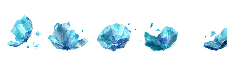 Five stylized, fragmented, crystalline structures, rendered in shades of blue and white against a black background