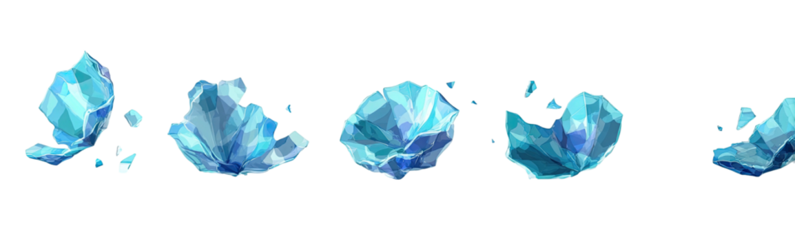 Five stylized, fragmented, crystalline structures, rendered in shades of blue and white against a black background - Powered by Adobe