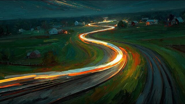 Winding road with light streaks goes through houses in rural landscape at dusk