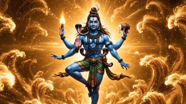 Cosmic Shiva Deity Performing Divine Dance Amidst Swirling Golden Spiritual Energy and Mystical Aura