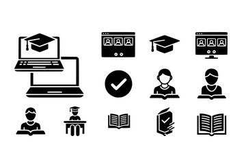 E-Learning & Online Education Black Silhouette Icon Set: Graduation, Video Conference, Student Studying, and Knowledge Symbol Solid Vectors.