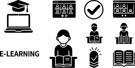 E-Learning & Online Education Black Silhouette Icon Set: Graduation, Video Conference, Student Studying, and Knowledge Symbol Solid Vectors.