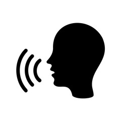 Silhouette of a head speaking or emitting sound waves, speech communication icon