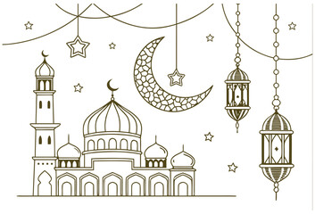 Islamic Mosque and Hanging Lanterns Vector Illustration for Ramadan Design
