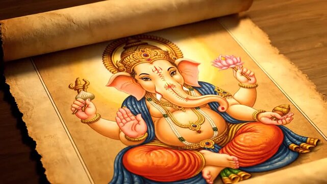 Vibrant Ganesha Deity Painting on Ancient Parchment Scroll, Traditional Hindu Art Symbolizing Wisdom, Prosperity, and Good Fortune