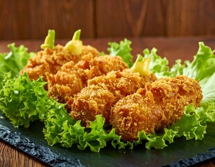Golden fried food on green lettuce, atop a black platter