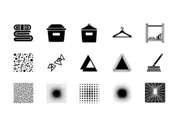 Minimalist Home Organization Black Silhouette Icon Set: Storage Bins, Folded Towels, Hanger, and Declutter Symbols for Lifestyle and Productivity.