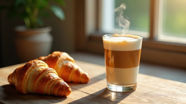 Warm morning light illuminates a delectable pastry and a steaming cup of layered coffee on a wooden surface