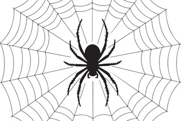 Obraz premium Silhouette of a Spider on a Web Creative Halloween Concept Illustration Black and White Vector Isolated Design Element