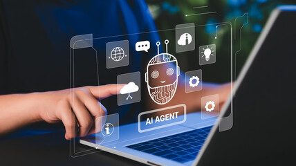 AI Agent Technology for Intelligent Digital Automation Systems Man using laptop with robot, brain, agentic AI icons, advanced artificial intelligence, automation, intelligent solutions, modern tech.