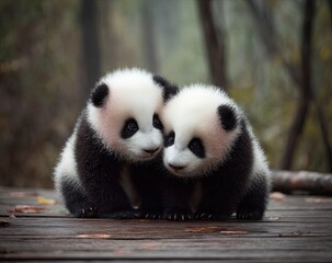 Obraz premium Two adorable black and white baby pandas cuddling on a rustic wooden surface outdoors