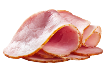 A close-up shot of several thin-sliced, cured meat rolls, displaying pink and light brown hues