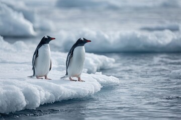 Fototapeta premium Two penguins stand on an icy floe by the calm, cold ocean, with distant icebergs