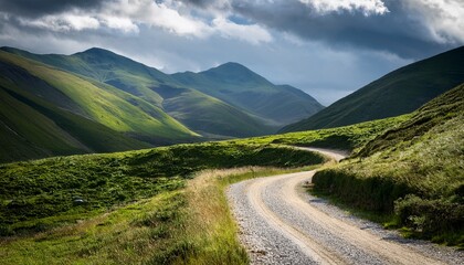 winding gravel road through mountainous terrain ideal for off road adventures and rallying under a dramatic sky with lush greenery