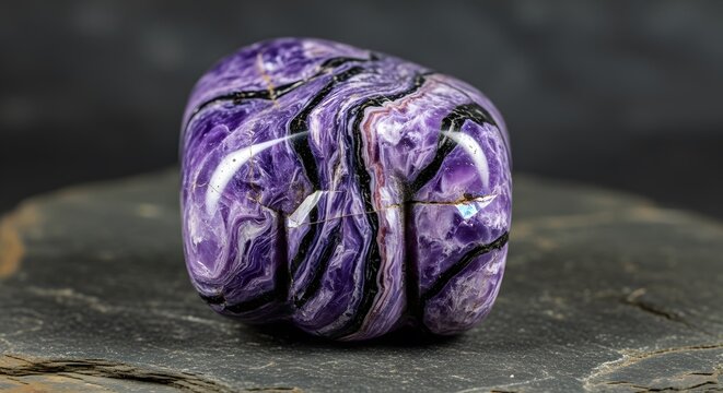 Stunning polished charoite stone showcases mesmerizing swirls of vibrant purple and black, perfect for unique jewelry or healing decor