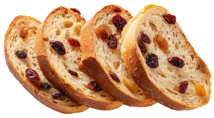 Four slices of bread showcasing a variety of dried fruits, isolated on a black background