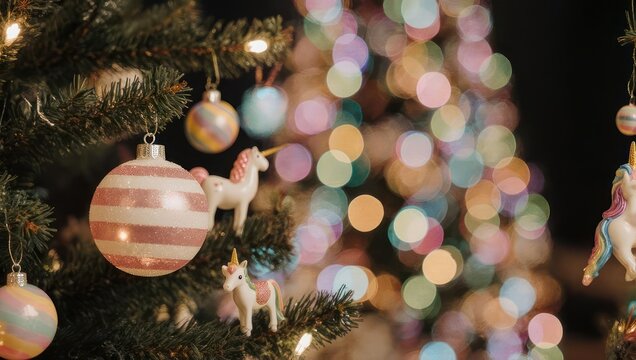 Festive Christmas tree adorned with unicorn ornaments and twinkling lights.