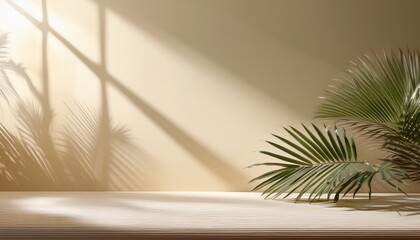 light beige background with intricate shadows from window and vegetation for product presentation