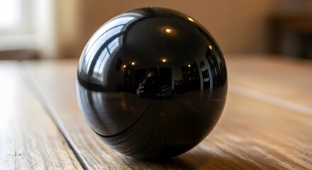 Captivating obsidian sphere reflects a warm, modern interior, offering a sense of depth and mystery on a rustic wooden surface