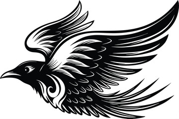 Monochromatic raven soars with stylized wings, showcasing detailed feathered plumage and tribal influenced curves