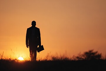 Silhouette of a lone man walking with a briefcase against a stunning sunset sky