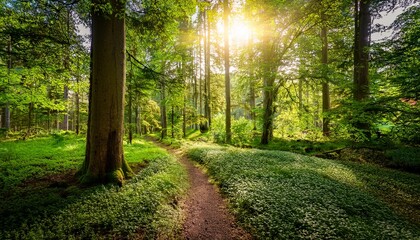 sunlit clearing in lush green forest with path