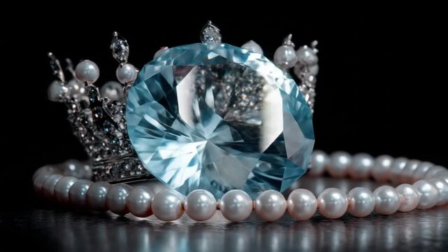 Jeweled crown and gemstone with pearls against a dark backdrop