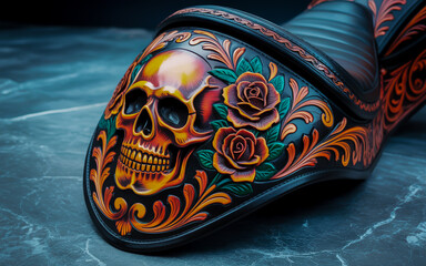 Ornate motorcycle seat fender with a carved skull and vibrant rose and scrollwork designs roses