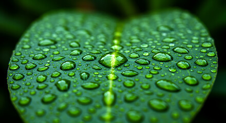 A close-up of a vibrant green leaf with water droplets after rain. Sharp detail on the droplet reflections and surface texture. Background softly blurred.